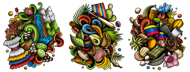 Venezuela cartoon vector doodle designs set. - obrazy, fototapety, plakaty