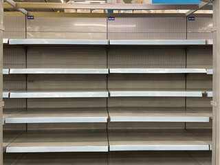 crisis concept, empty row of shelves in the store, goods and food shortage