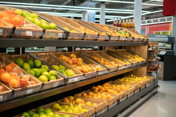 rows of raw fruits and vegetables in the supermarket