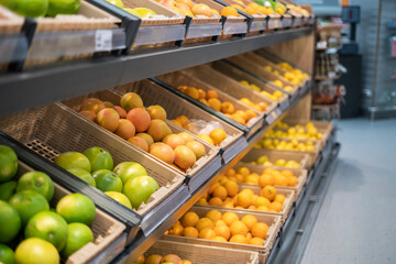 rows of raw fruits and vegetables in the supermarket