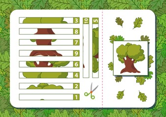 Printable A4 page puzzle game with oak tree. Numbers from 1 to 10. Cut and play. Vector illustration