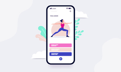Yoga app on smartphone - Phone screen with training application and courses. Vector illustration