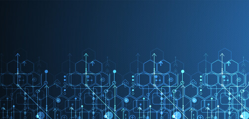 Abstract circuit board and hexagons on dark blue color background. Hi-tech digital technology concept.