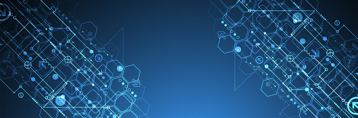 Abstract circuit board and hexagons on dark blue color background. Hi-tech digital technology concept.