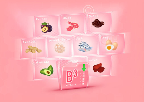 Folder collect vitamin B3 range. There is a screen projecting out pictures of fruits and vegetables. Vitamin that neutralize free radicals. Anti aging beauty concept and health care. 3D vector EPS10.