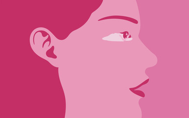 Close up profile portrait of beautiful young woman in love with one eye made up of an embracing couple
