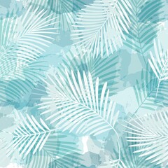 Tropical pattern, palm leaves seamless vector background. Exotic plant on watercolor stains artistic jungle print. Leaves of palm tree. winter window frost