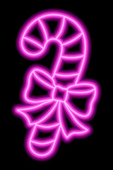 Pink neon outline of christmas lollipop with bow on black background.