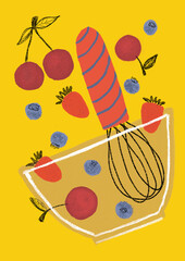 poster with berries cherry, strawberry, blueberry, whisk and bowl on yellow background suitable for kitchen, cafe, restaurant design