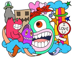 Cute monsters are Valentine's Day for fun. illustration, cute hand drawn  doodles.