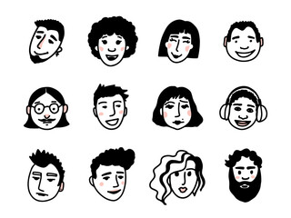 Cartoon face set. People doodle icon collection, avatars for social media, website. Black and white hand drawn comic caricature. Stick figure faces. Vector illustration.