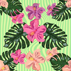 Bloemen exotisch tropisch naadloos patroon tropisch hawaiiaans behang. Botanische afdruk. Moderne bloemenachtergrond.