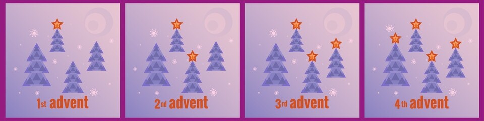 Winter forest, four trees, with glowing stars, snowflakes, the moon. Every Sunday of Advent. Vector illustration in  flat style. Countdown of Christmas, for social networks, banners.