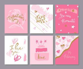 Collection of pink,white colored Valentine's Day card templates with inscriptions. Printing house poster, map, label, set of banner layouts. Vector illustration of Eps10.