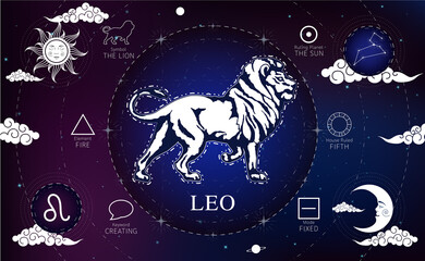 Witchcraft card astrology for Leo zodiac sign and zodiac constellations. Modern magic, divination, crescent moon and sun on a blue background esoteric. Vector EPS10 illustration.