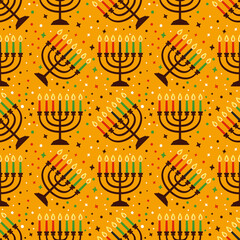 Cute Kwanzaa seamless pattern with seven kinara candles and dots, stars, in traditional African colors - black, red, green on yellow. Vector Kwanzaa holiday background design.