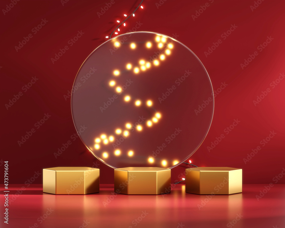 Poster podium with fairy light string on red background 3d rendering