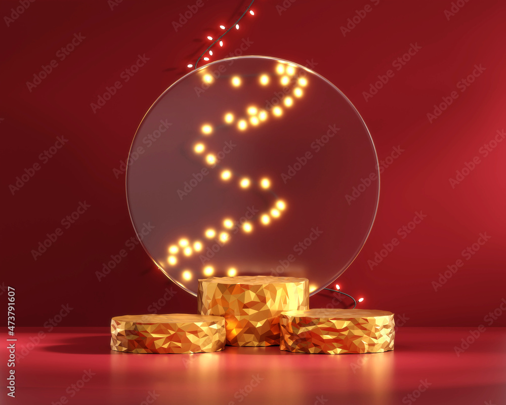 Poster podium with fairy light string on red background 3d rendering
