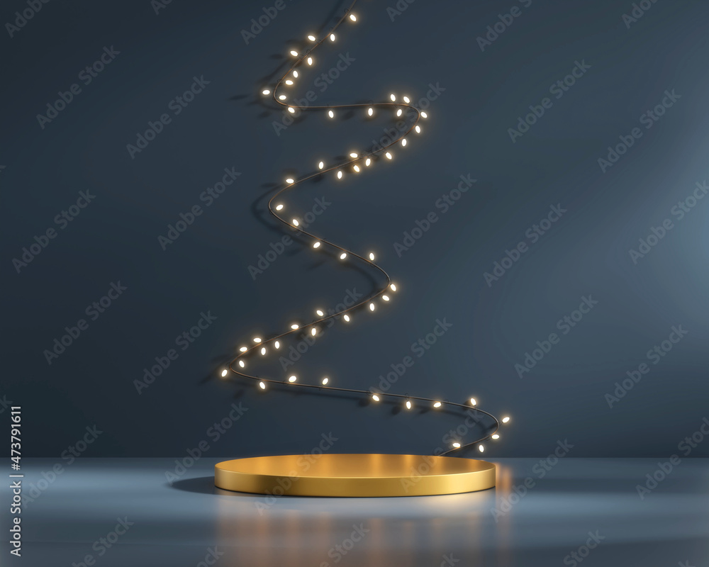 Aufkleber podium with fairy light string on blue background 3d rendering