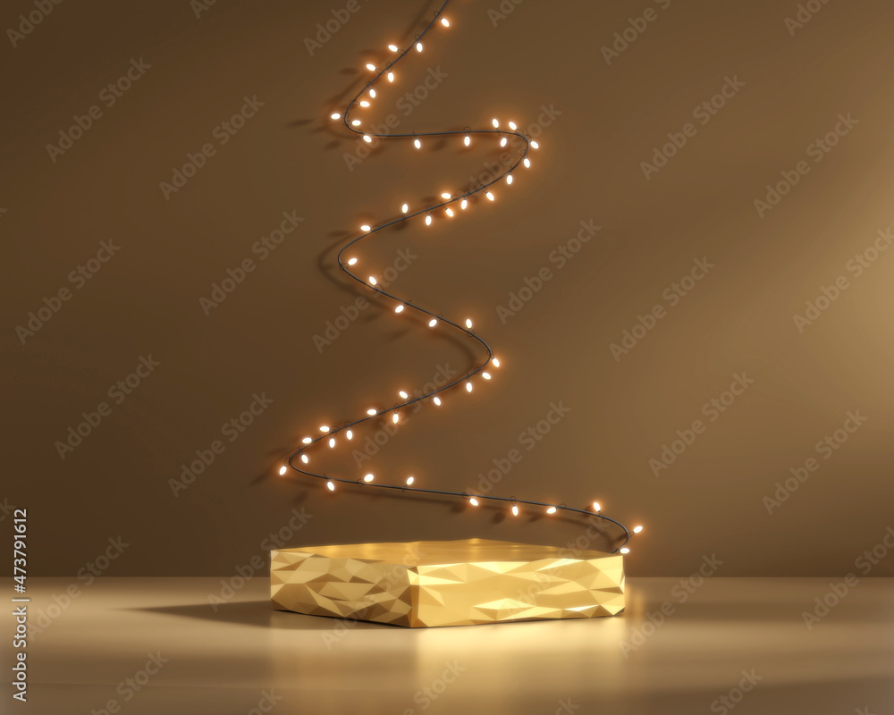 Poster podium with fairy light string on golden background 3d rendering