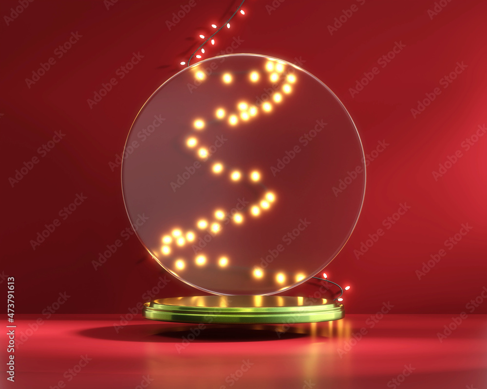 Poster podium with fairy light string on red background 3d rendering