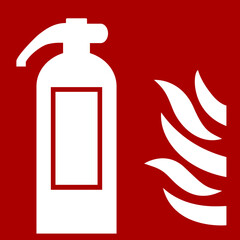 Red icon sign board for fire extinguisher. Fire symbol or label.