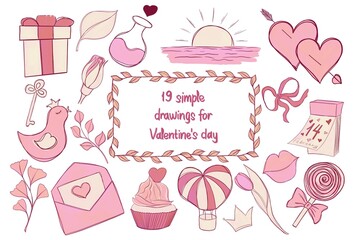 A set of simple decorative pink illustrations on the theme of February