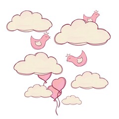 Cute drawing of clouds, birds and balloons on a white background