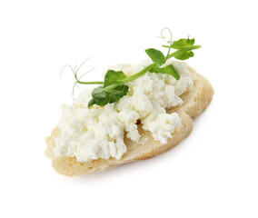 Bread with cottage cheese and microgreens on white background