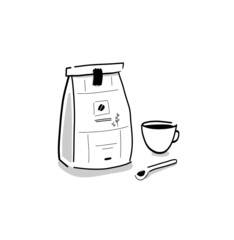 Vector illustration of a bag of coffee, a cup and a spoon in black and white drawing. Hand-drawing illustration. 