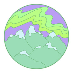 Vector illustration of mountain. Colorful hand drawn outline icon in circle frame. For print, web, design, decor, logo.