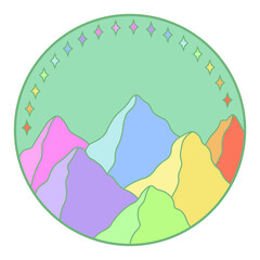 Vector illustration of mountain. Colorful hand drawn outline icon in circle frame. For print, web, design, decor, logo.