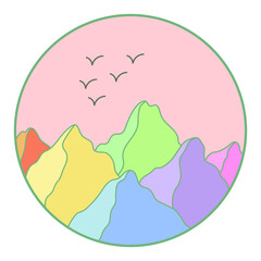 Vector illustration of mountain. Colorful hand drawn outline icon in circle frame. For print, web, design, decor, logo.