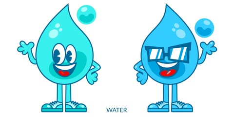 Simple Flat Water Drop Cartoon Mascot Characters Vector Illustration