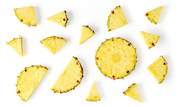 Pineapple Pieces Isolated On White, From Above