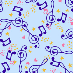 Cartoon hand drawn musical seamless pattern. Lots of symbols, objects and elements.