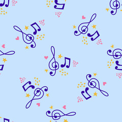 Fototapeta na wymiar Cartoon hand drawn musical seamless pattern. Lots of symbols, objects and elements.