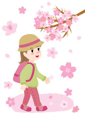 春にお花見をする女の子のイラスト