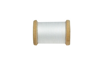 skein of white thread on a wooden spool, white background
