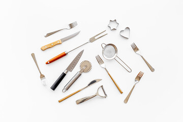 Set of kinchen appliance and utensils top view. Cooking background