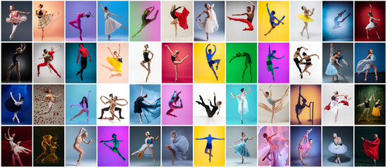 Photo set made of portraits of female and male ballet dancers dancing isolated on multicolored background in neon light.