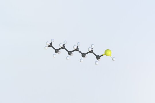 1-octanethiol molecule, isolated molecular model. 3D rendering