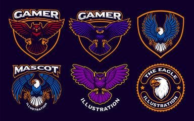 A set of Birds Mascots such as owls and eagles, these designs can be used as sports mascots, logos for t-shirt prints