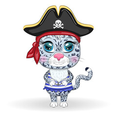 Snow leopard pirate, cartoon character of the game, wild cat in a bandana and a cocked hat with a skull, with an eye patch. Character with bright eyes