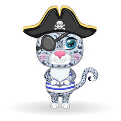 Snow leopard pirate, cartoon character of the game, wild cat in a bandana and a cocked hat with a skull, with an eye patch. Character with bright eyes