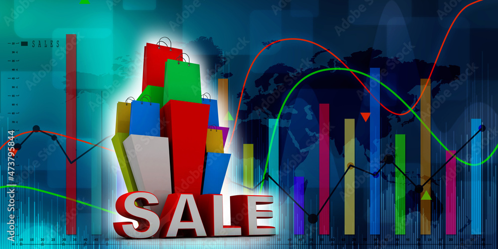 Poster 3d rendering colorful shopping bags with graph