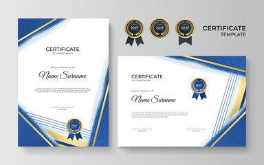 Modern elegant blue and gold diploma certificate template design. Certificate award template with luxury pattern, diploma, and premium badges design. Vector illustration