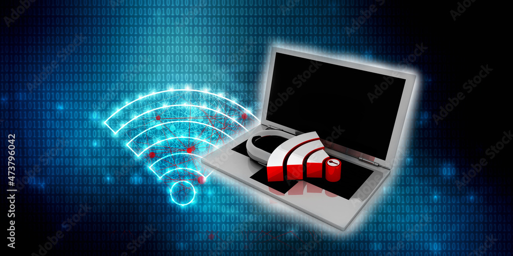 Poster 3d rendering transmitter mobile wifi with laptop
