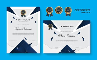 Blue and white gold certificate of achievement border template with luxury badge and modern line pattern. For award, business, and education needs