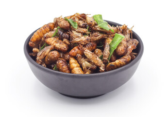 Fried insects, fried crickets with grasshoppers and kaffir lime leaves in a black cup with separate servings on a white background